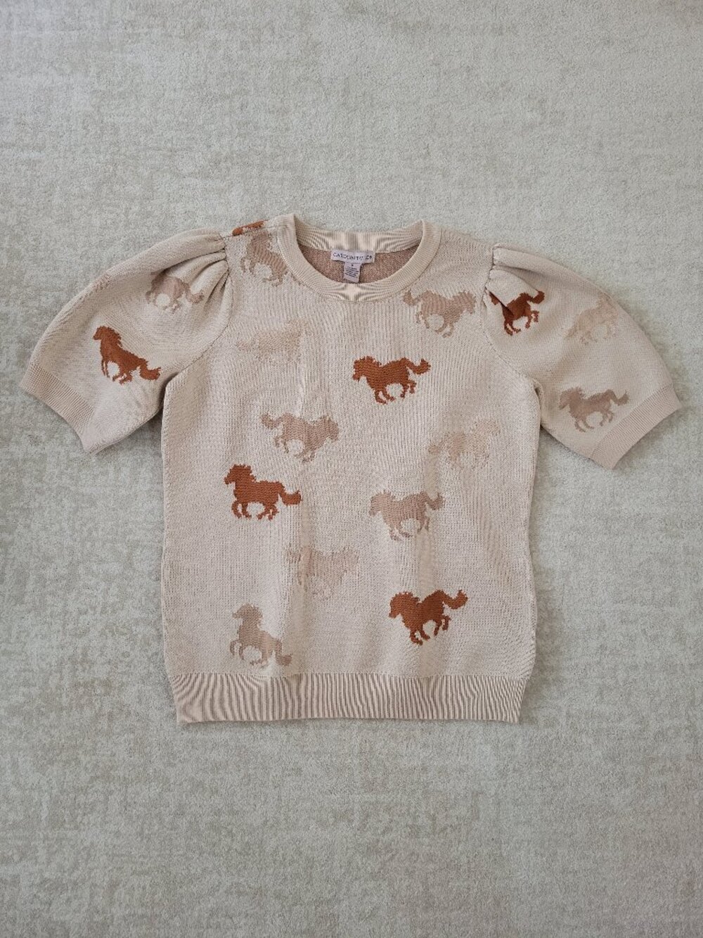 Carolyn Taylor Western Horse Print Puff Sleeve Knit Sweater Medium Womens Cream